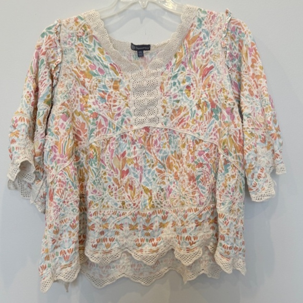 Democracy Boho Flowy orange Pink Top babydoll Shirt Sz 2x crochet bell sleeve CY